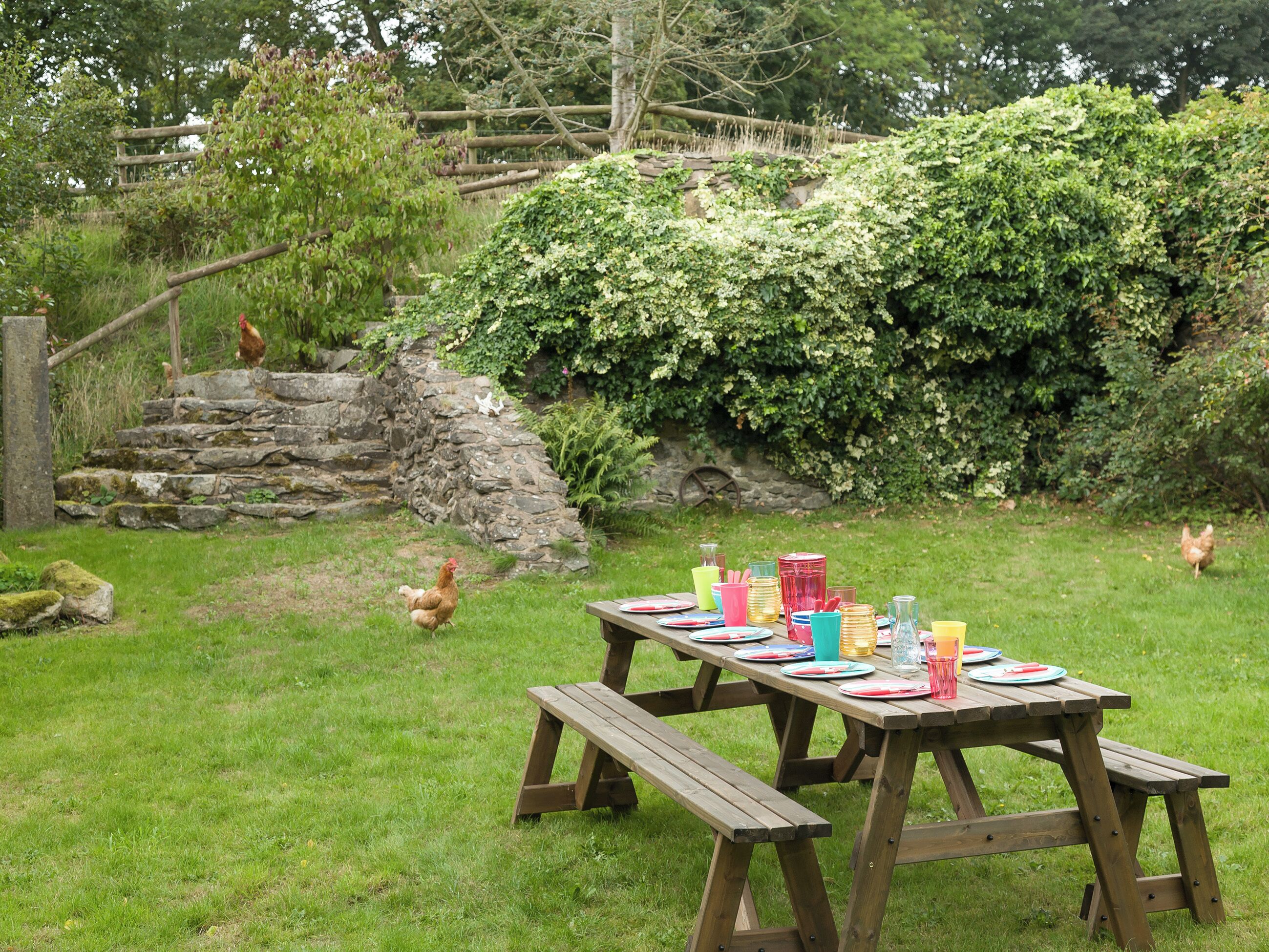 A picnic table set up in a grassy area with a stone wall and greenery in the background.