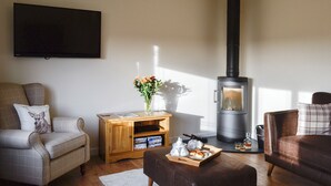 Een woonkamer met een bank, een houten kast, een televisie en een houtkachel.