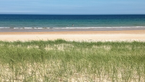 Une plage avec un ciel dégagé et une mer calme.