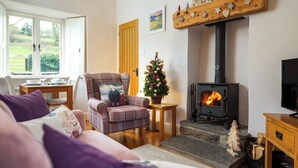 Ein gemütliches Wohnzimmer mit Kamin, einem Karo-Sessel, einem kleinen Weihnachtsbaum und einem Essbereich mit Tisch und Stühlen.