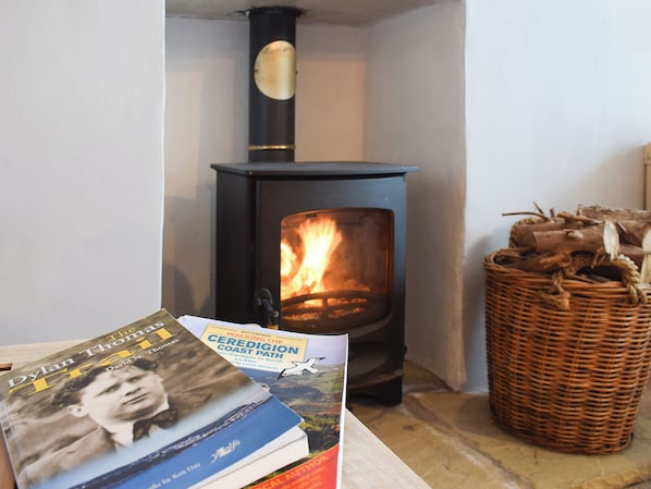A room with a black wood-burning stove, a wicker basket, and books on a table.