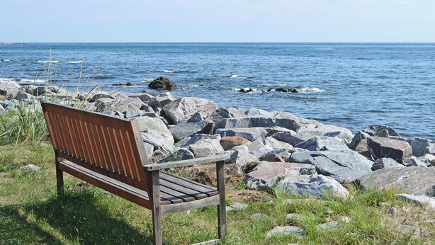 Un banc en bois, placé au bord d’une côte rocheuse, avec l’océan en arrière-plan.