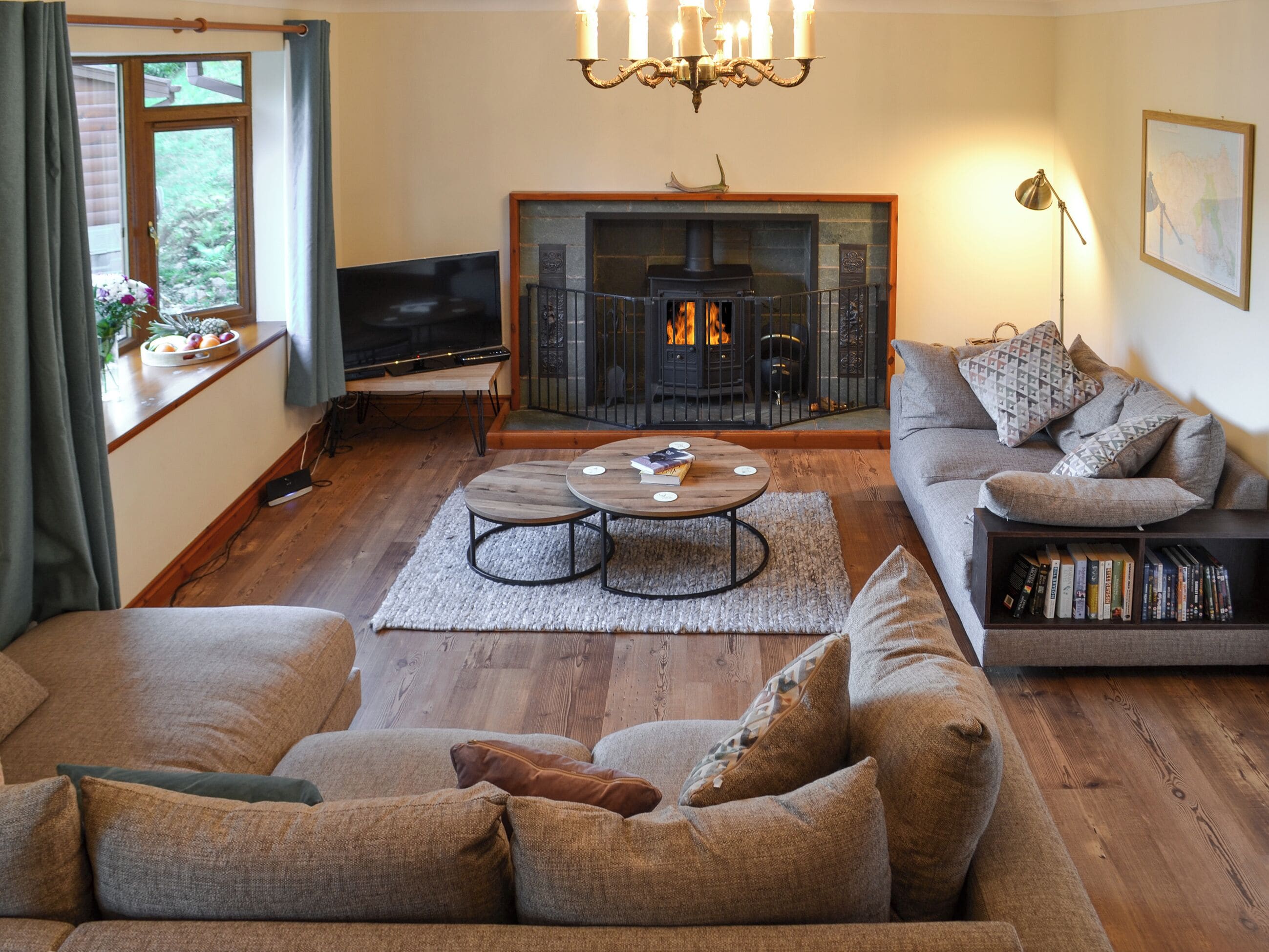 TV, fireplace
