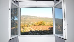 An open window with a view of a vineyard and distant hills. - Rental cottage in Bédoin at the foot of Mont Ventoux (Bédoin)