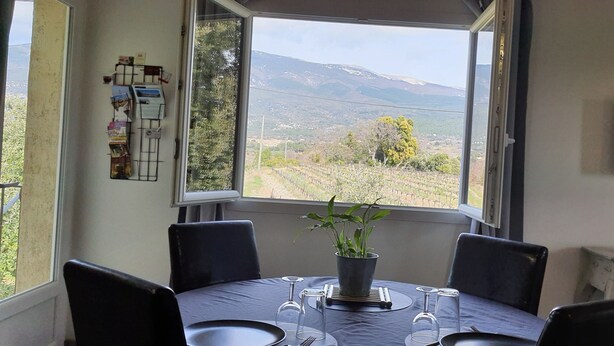 A dining area with a table set for two, a potted plant, and a view of a vineyard and mountains through a large window. - Rental cottage in Bédoin at the foot of Mont Ventoux (Bédoin)