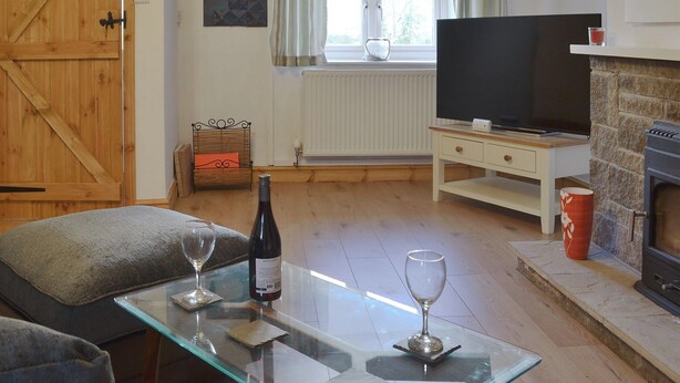 Ein Wohnzimmer mit Glastisch, einer Couch, einem Fernseher, einem Kamin und einer Holztür.
