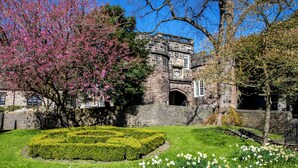 Un edificio histórico de piedra con un patio central, un seto cuidado y narcisos en flor.