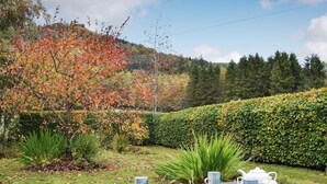A picnic table with plates of food, cups, and a teapot in a garden with autumn foliage and a hedge. - 3 bedroom accommodation in Fortingall, near Aberfeldy (Fortingall, near Aberfeldy)
