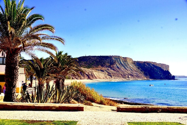 Ein Strand mit Palmen, einer Klippe und einem klaren, blauen Meer.