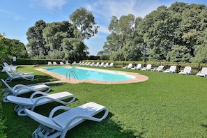 Seasonal outdoor pool, pool umbrellas, pool loungers