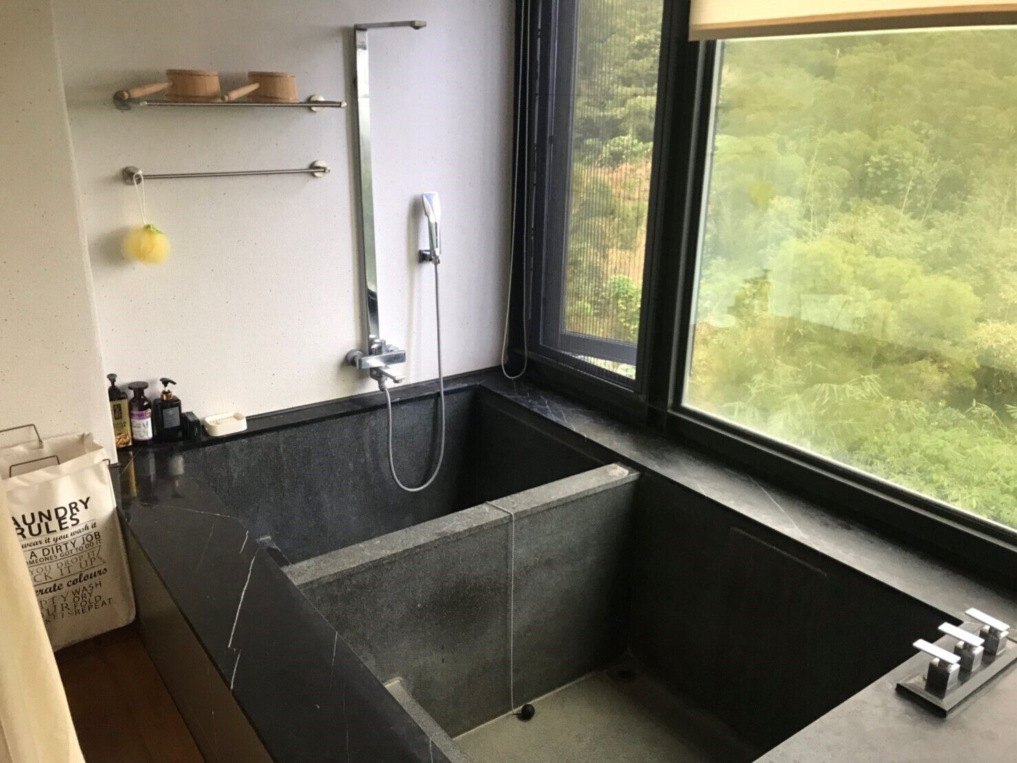 Hair dryer, towels, soap, shampoo