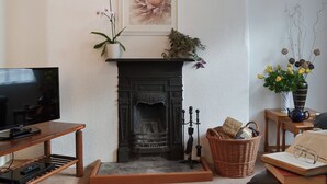 A living room with a fireplace, a television, a bookshelf, and a wicker basket. - 1 bedroom accommodation in Lostwithiel (Lostwithiel)