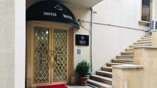 Entrada d'hotel amb catifa vermella, una planta en test i una escala que puja.
