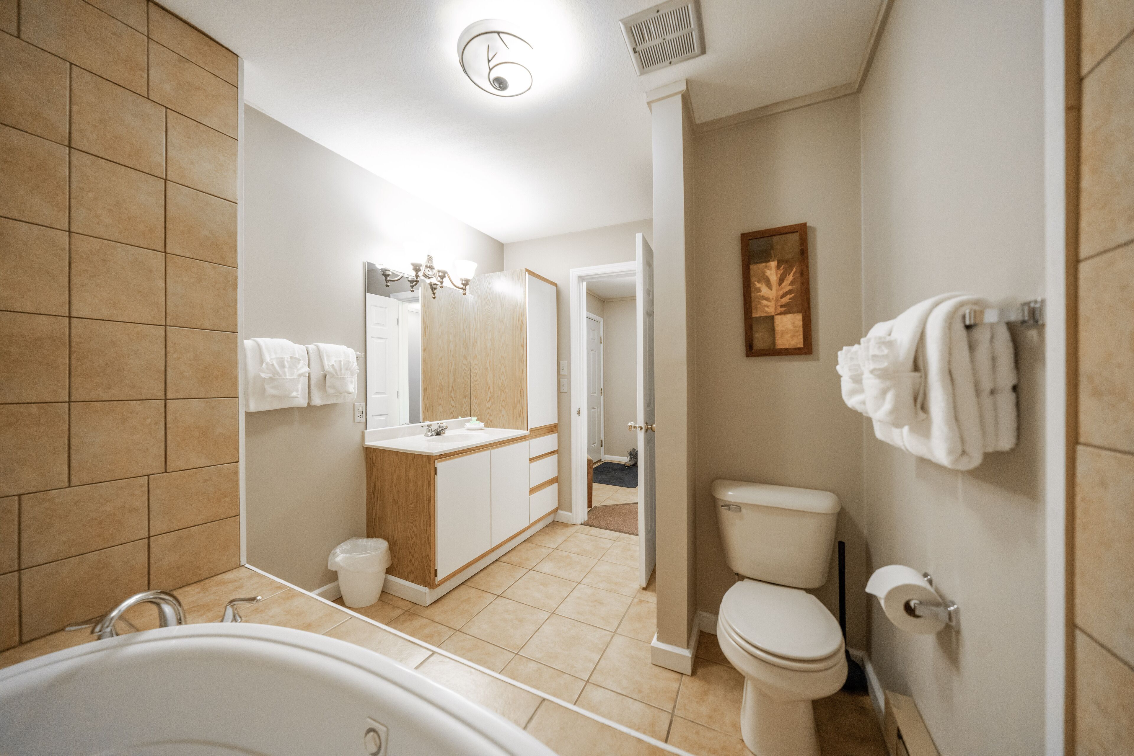 Une salle de bain moderne avec une baignoire, des toilettes et un lavabo.