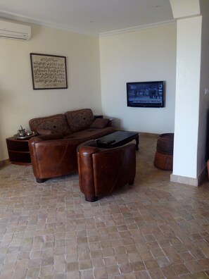 TV, fireplace, books