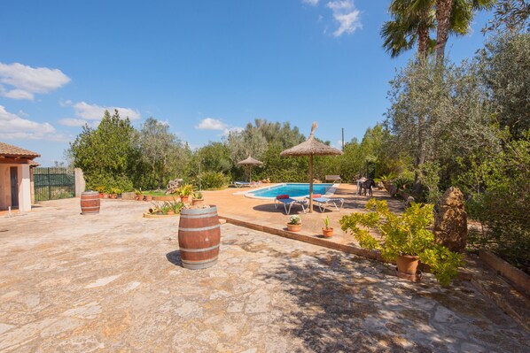 A pool area with lounge chairs and umbrellas, surrounded by potted plants and a stone floor. - Es figueral den Vicenç (Campos)