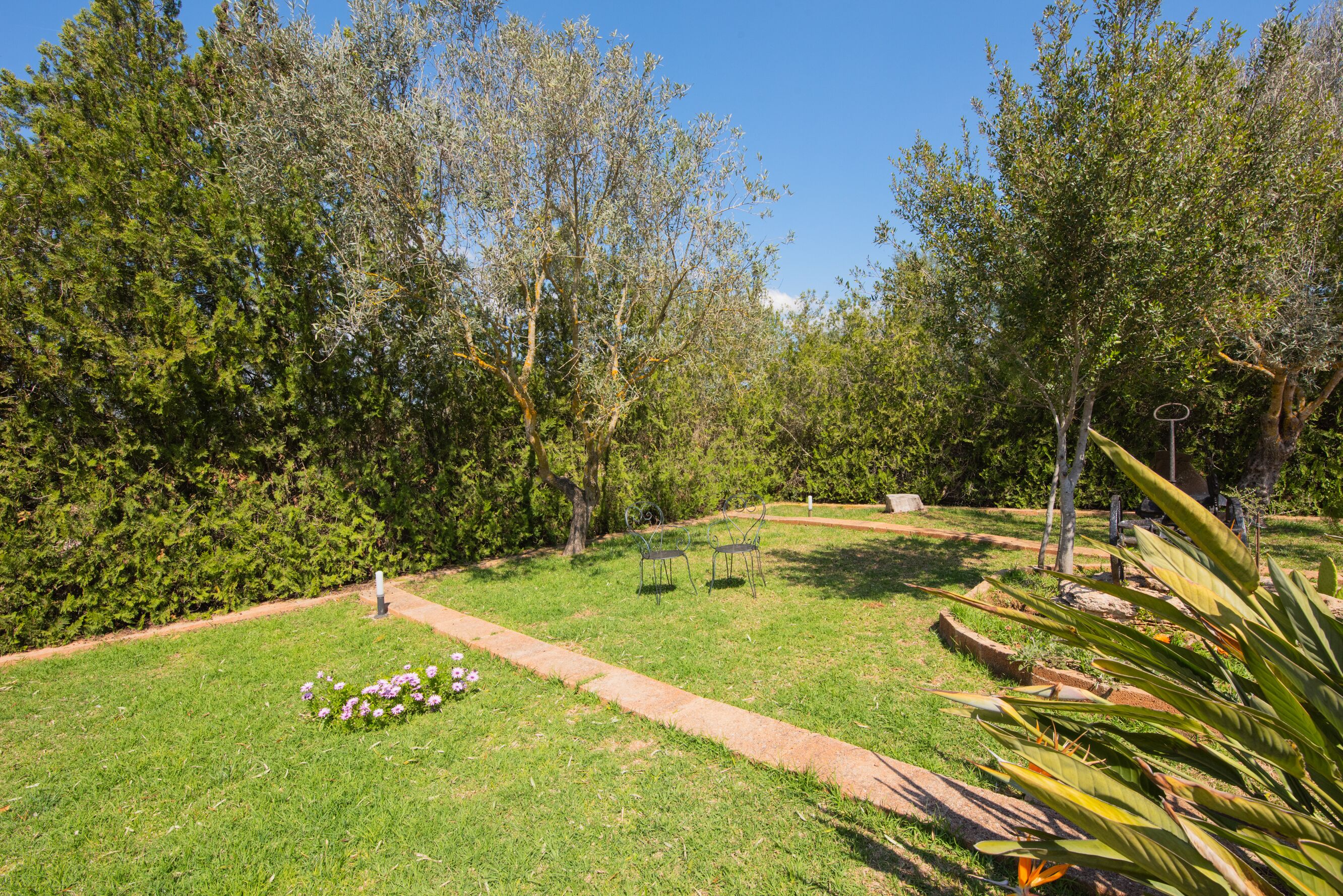 Un jardin bien entretenu, doté d’un chemin pavé, d’arbres et d’un petit espace aménagé avec des chaises où l’on peut s’asseoir.