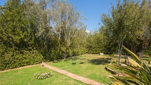 A well-maintained garden with a paved walkway, trees, and a small seating area with chairs. - Es figueral den Vicenç (Campos)