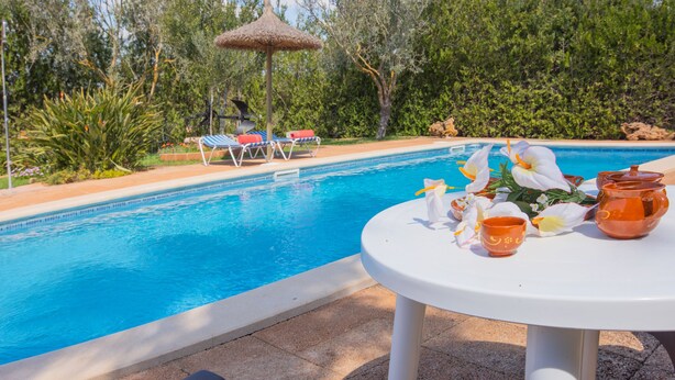 A poolside area with lounge chairs, a table with a drink and flowers, and a thatched umbrella. - Es figueral den Vicenç (Campos)
