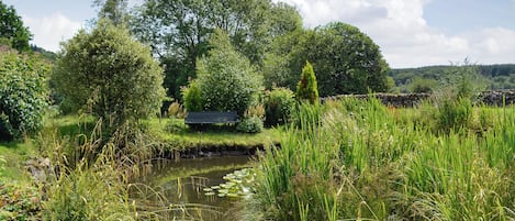 A serene pond surrounded by lush greenery and a stone wall.