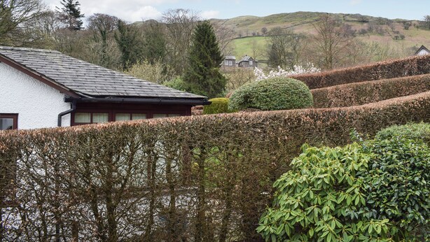 A white building with a dark roof, surrounded by neatly trimmed hedges and a variety of trees. - 4 bedroom accommodation in Ambleside (Ambleside)