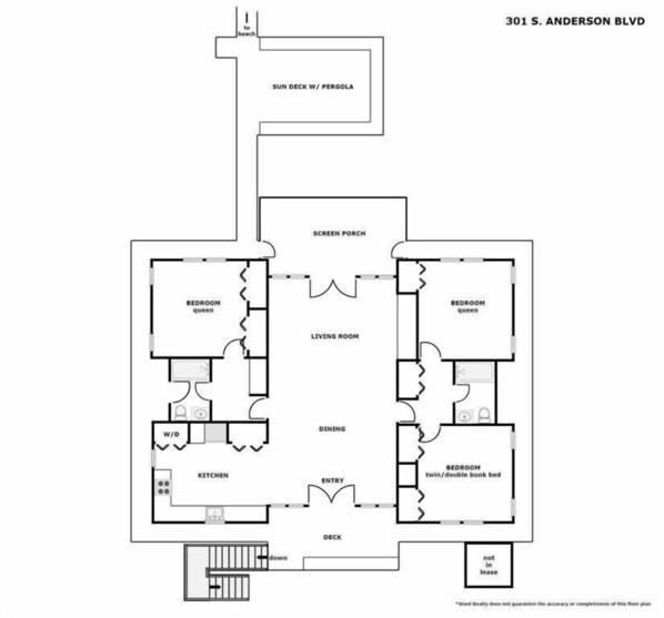 Plano de planta de una propiedad en 301 S. Anderson Blvd. Incluye una terraza con pérgola, dos habitaciones con camas tamaño reina, una sala de estar, un comedor, una cocina y un punto de entrada/salida.
