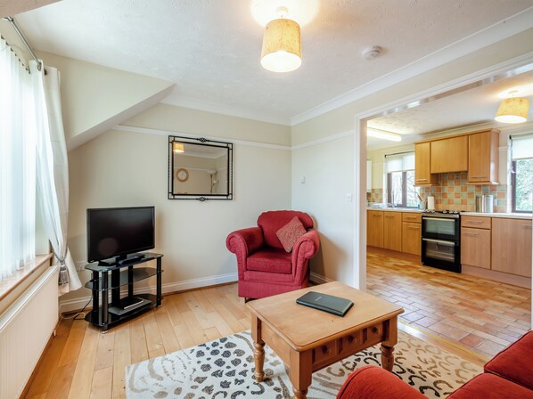 A living room with a TV, red armchair, wooden coffee table, and a patterned rug.