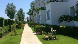 A pathway leading to a row of white buildings with blue accents, surrounded by well-maintained greenery. - Apartment in Jawhara2 Marina Smir next to the beach with pool. (Tetuán)