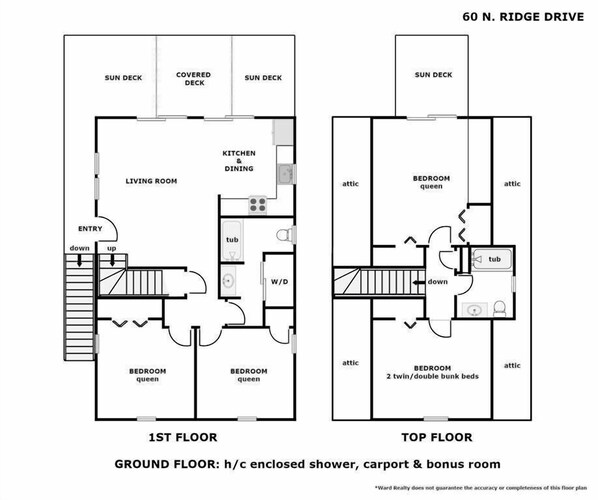 A floor plan of a 2-bedroom apartment at 60 N. Ridge Drive, including a covered deck, kitchen, dining area, and a ground floor with an enclosed shower, carport, and bonus room. - The Sea Urchin - Charming 4 Bedroom Coastal Home (Surf City)