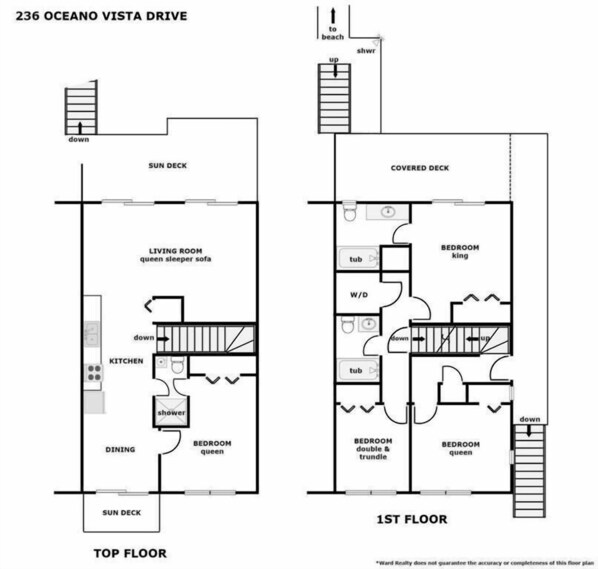 Plan d’étage du 236, avenue Oceano Vista, comprenant une terrasse ensoleillée, un salon avec un canapé-lit queen-size, une cuisine, un coin repas et deux chambres situées à l’étage supérieur.