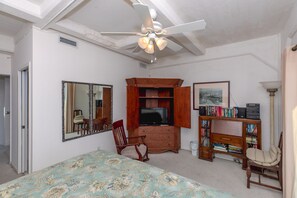 Een slaapkamer met een bed, een plafondventilator, een televisie, een boekenplank en een spiegel.