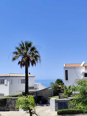 A coastal residential area with white buildings, a palm tree, and a clear blue sky.
