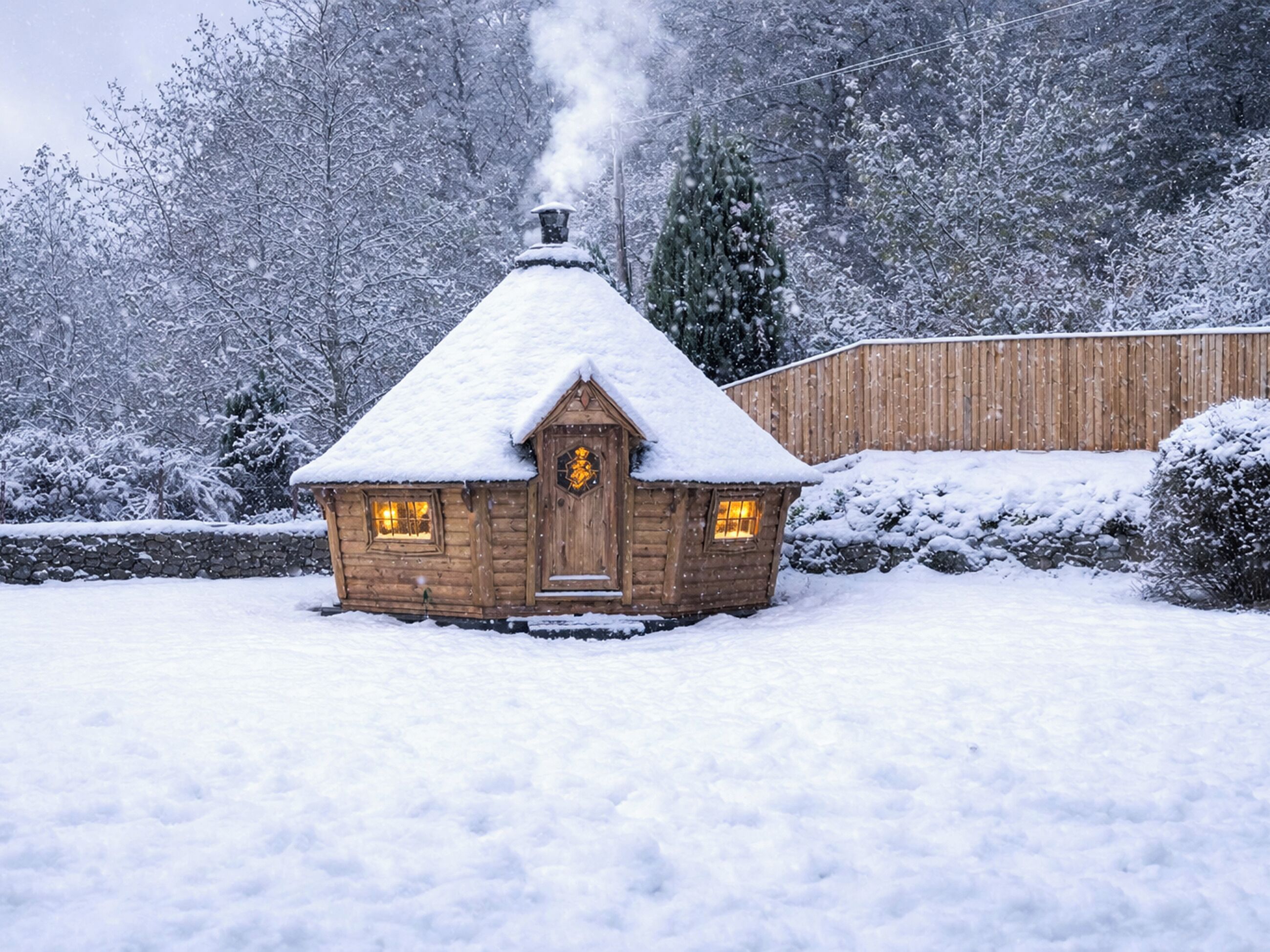 Een houten hut met een met sneeuw bedekte dak en een schoorsteen waar rook uit komt, omgeven door een besneeerd landschap en een houten hek.