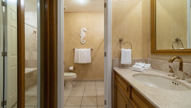 A bathroom with a sink, toilet, and shower area. - Sonoran Sea W-610 Ocean View (Puerto Peñasco)