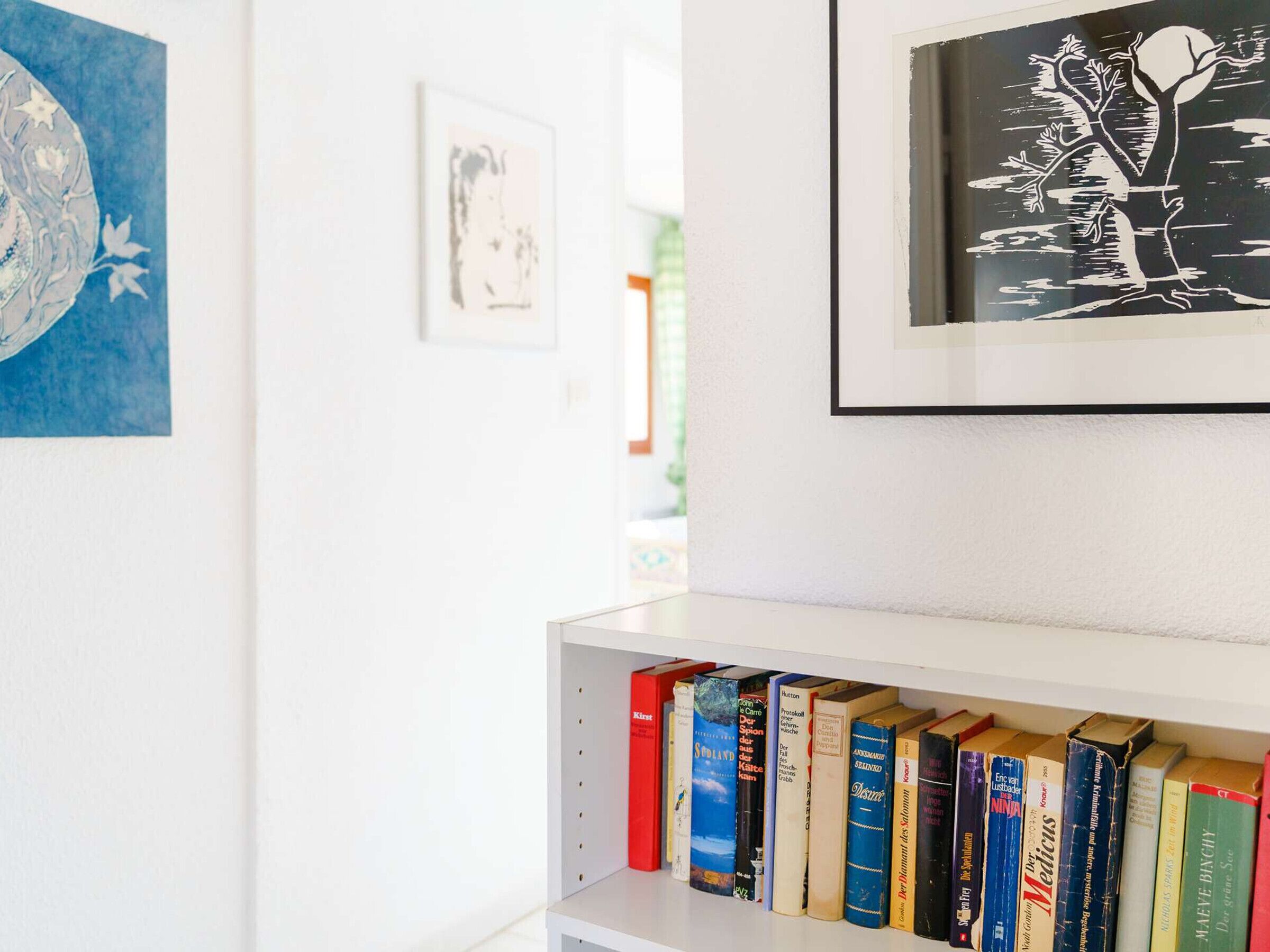 Une bibliothèque remplie de divers livres, un tableau encadré accroché au mur et une œuvre d’art bleue sur le côté gauche.