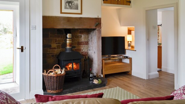 A cozy living room with a fireplace, a television, and a wooden cabinet above it. - 2 bedroom accommodation in Greenwell, near Brampton (Greenwell, near Brampton)