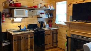 Une cuisine de taille réduite avec des murs en bois, une cuisinière, un four à micro-ondes et un téléviseur.