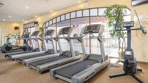 A row of treadmills in a gym with a curved wall and a large window. - Sonoran Sea E-108 Sea-Gem Spectacular Spacious Oceanfront Condo (Puerto Peñasco)
