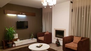 A modern living room with a fireplace, two sofas, a coffee table, a TV, and a small Christmas tree. - Luxury  silver mountain resort (Poiana brasov)
