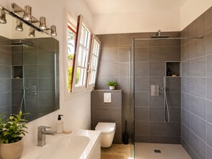 Tina, secadora de cabello, toallas, papel de baño