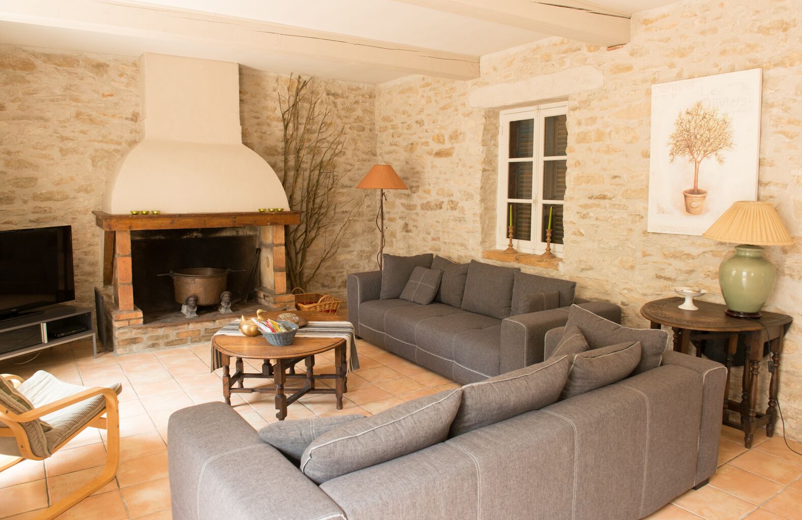 Télévision, cheminée, lecteur de DVD, table de tennis de table