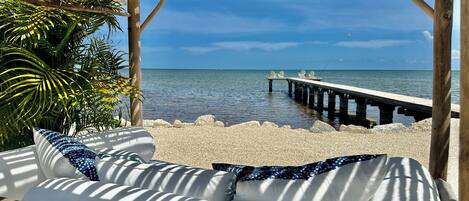 On the beach, sun-loungers, beach towels