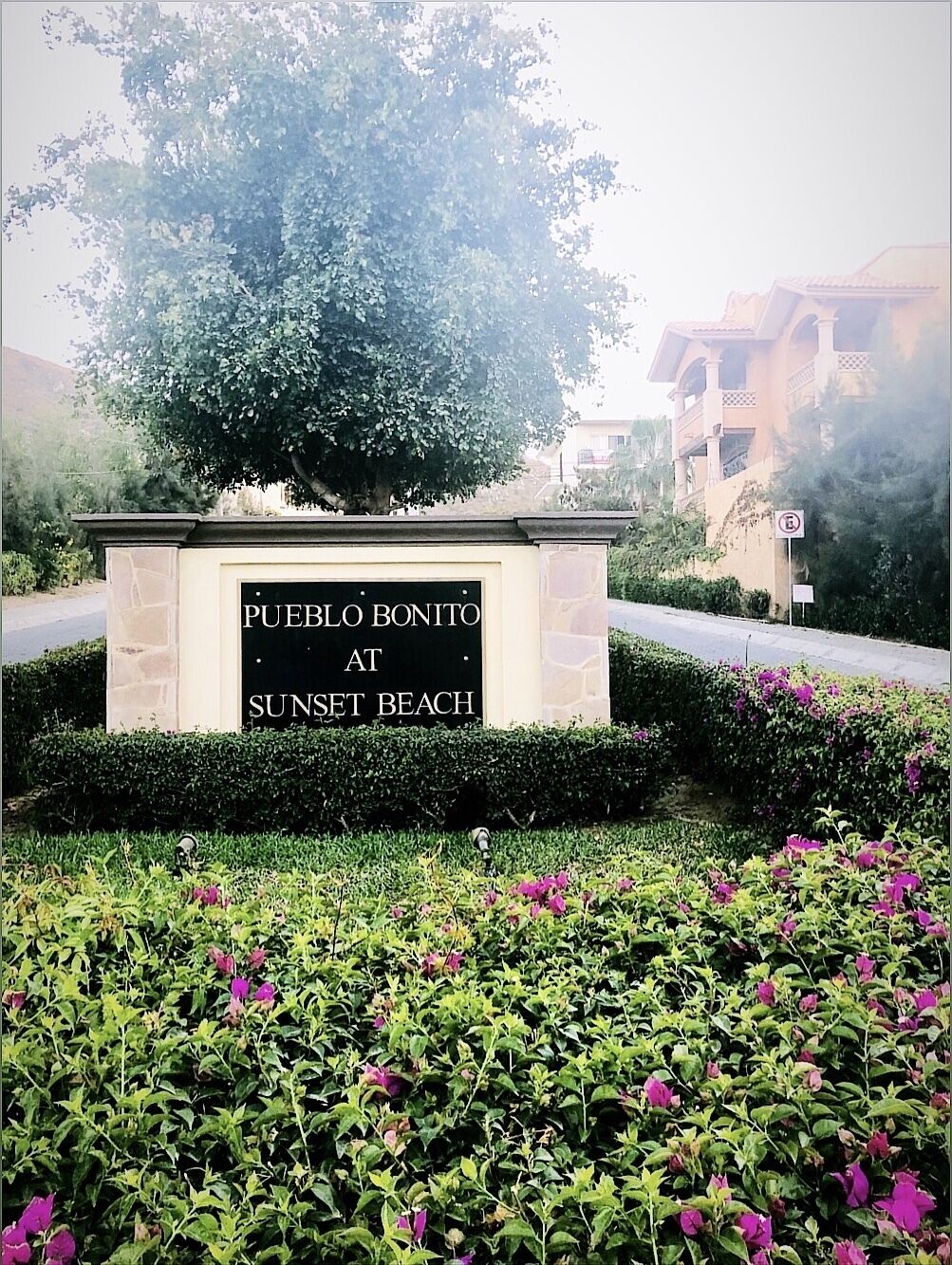 Une enseigne pour Pueblo Bonito, située à Sunset Beach, avec un jardin aménagé au premier plan.