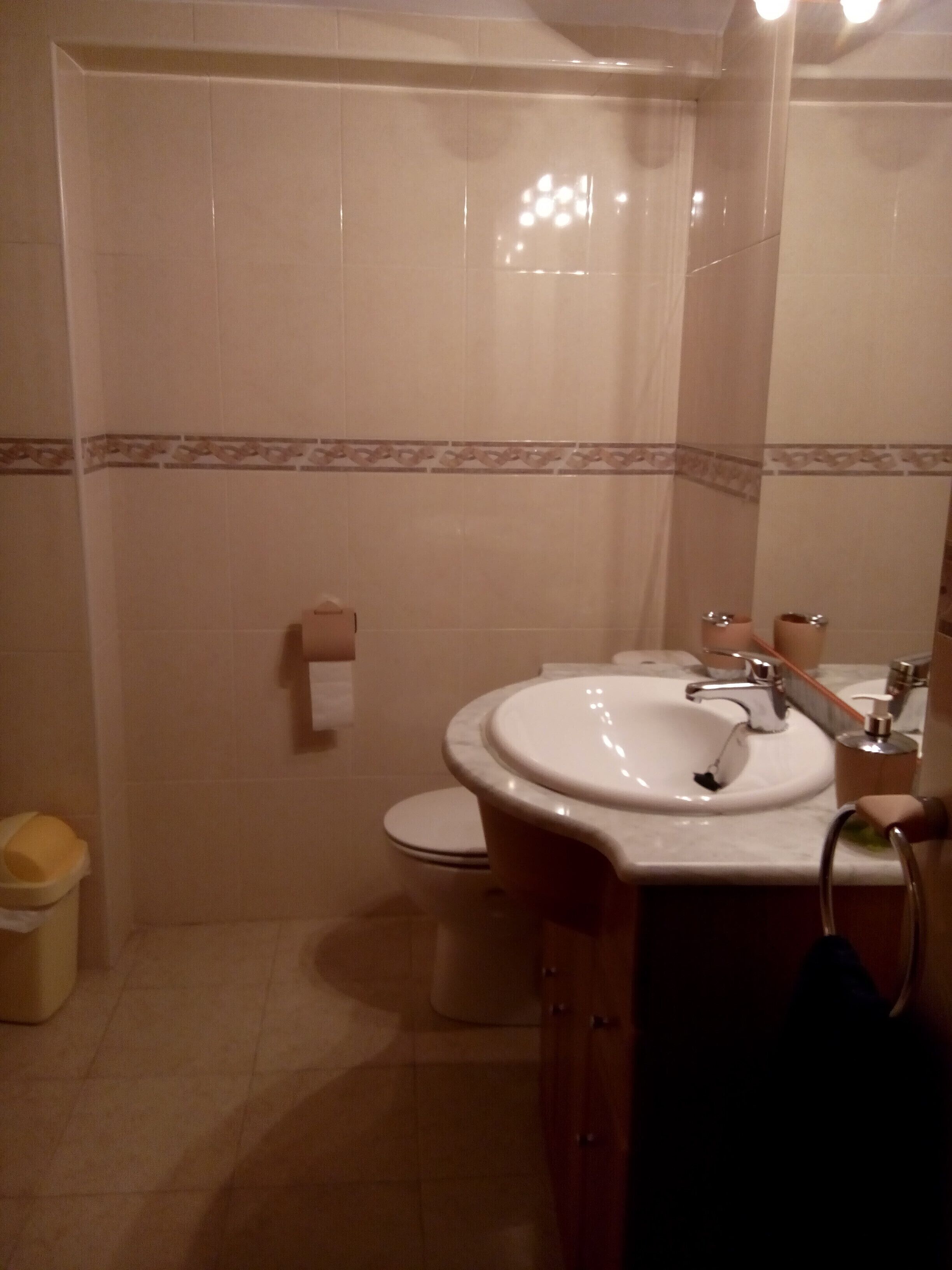 Een badkamer met een wastafel, toilet en douche.