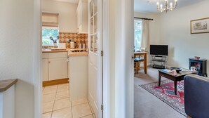 Une cuisine avec une fenêtre, un coin repas avec un téléviseur et un salon avec un canapé et un tapis.