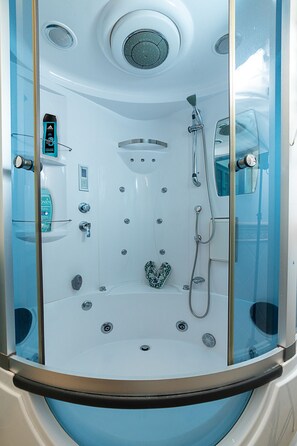 Baignoire, séchoir à cheveux, serviettes fournies, papier de toilette