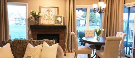 Smart TV, fireplace, books