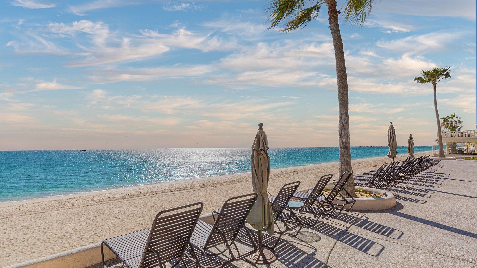Un salon de plage avec des chaises longues et des parasols, offrant une vue sur la mer.