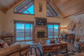 Flat-screen TV, fireplace, DVD player, video library