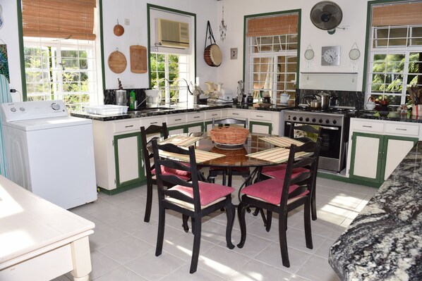Fridge, stovetop, electric kettle, toaster